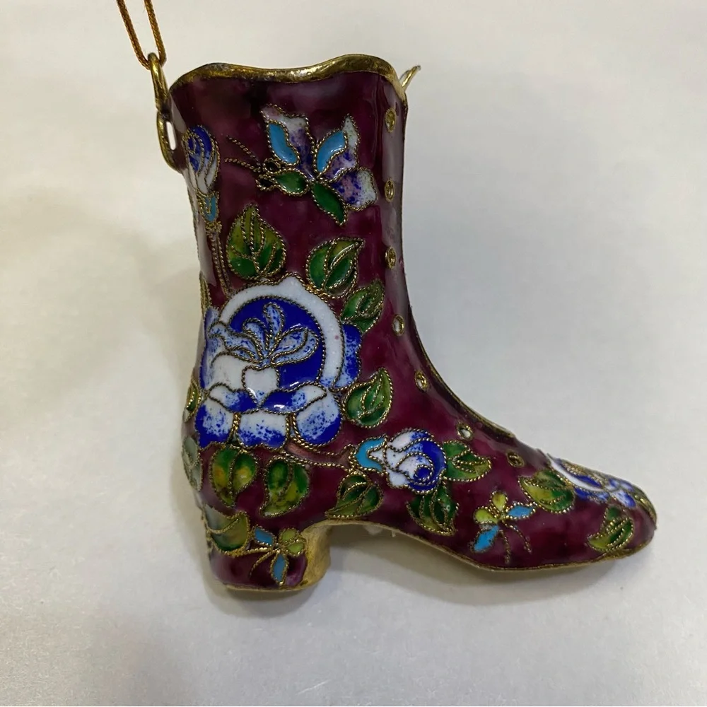Vintage Cloisonné Shoe Boot Figurine Ornament Enamel Floral Decorative